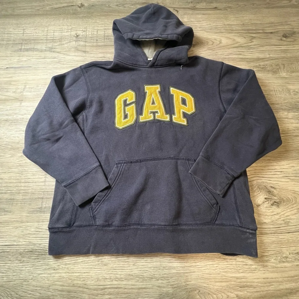 Gap Hoodie Kids XL 12 Navy Blue Yellow Logo Applique‎ Fleece Pullover Sweatshirt